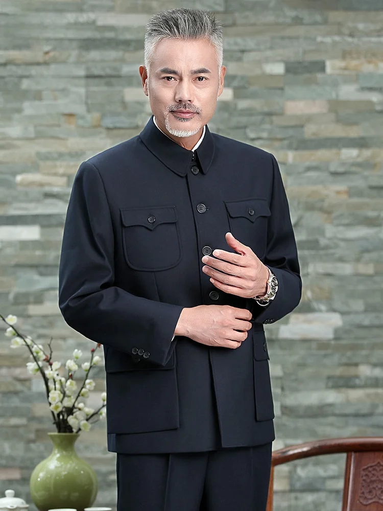 

Autumn Winter Men's Zhongan Suit ly Outerwear Dad's Military orm Sle Multi-ket Pure Color Home Wear