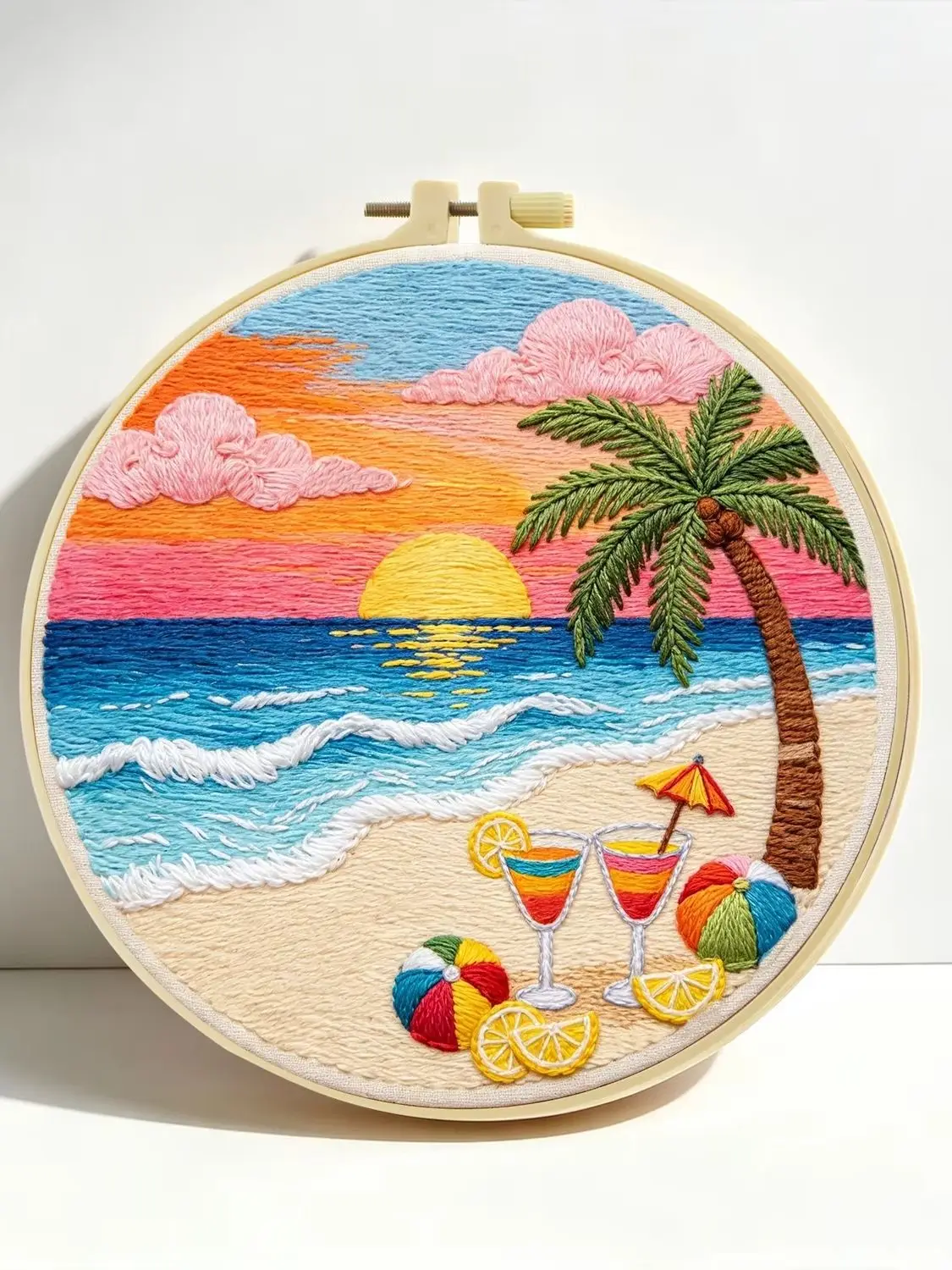 1 Set Strand-Sonnenuntergang-Cocktails DIY-Stickerei-Set für Anfänger, Stickerei-Starter-Kit, Kreuzstich-Kunstgeschenk, Handarbeits-Bastelset – Detail 1