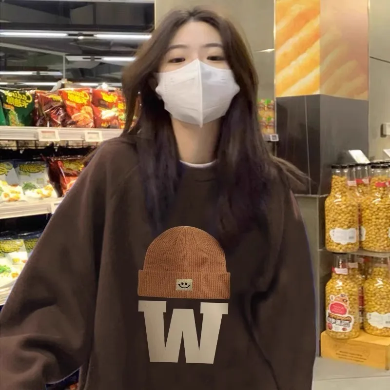 루즈핏 후드티 라운드넥 루즈핏 얇은 라운드넥 캐주얼 스타일 아메리칸 스타일 여성용 후드티 스웨트셔츠 후드티