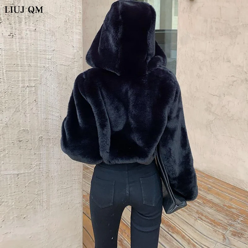 Faux Fur Coat Women 2023 Winter Clothing New Fashion Mink Fur Short Parka Furry Horn Buckle Hooded Faux Jacket Female Large Size