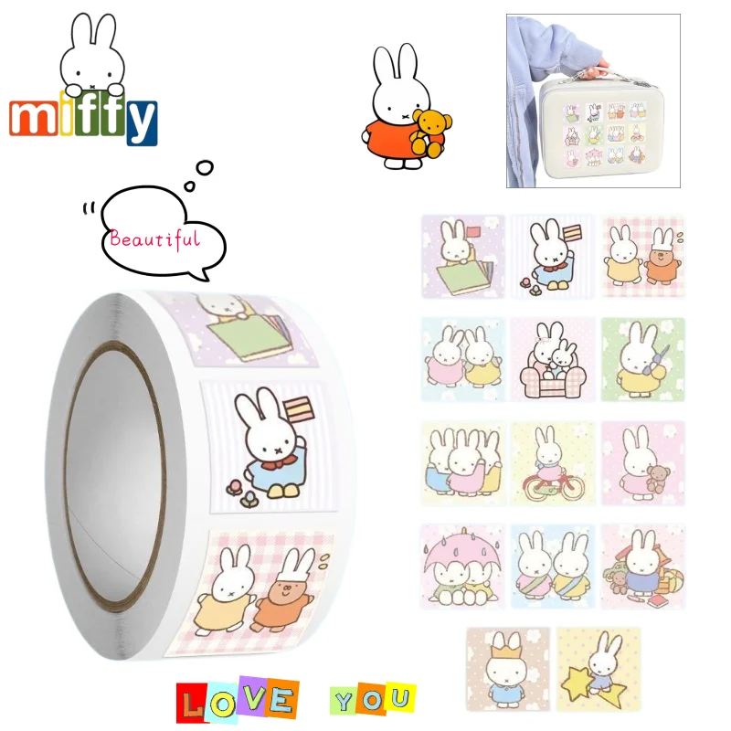 500 Aufkleber pro Rolle, Kawaii Miffy Kaninchen, niedliche Cartoon-Aufkleber im Ins-Stil, ästhetisch ansprechend, dekorative Aufkleber für Tagebücher und Scrapbooking.