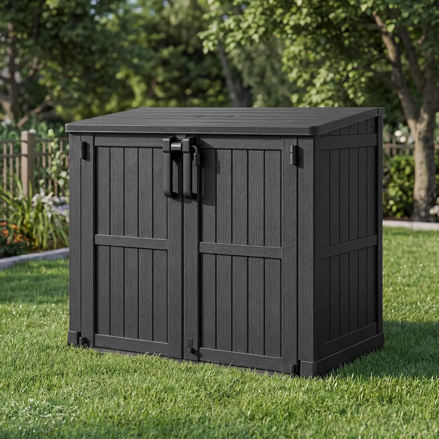 Waterproof Outdoor Storage Box 36 Cu Ft, Portable Horizontal Resin Shed with Lockable Doors for Patios, Customized