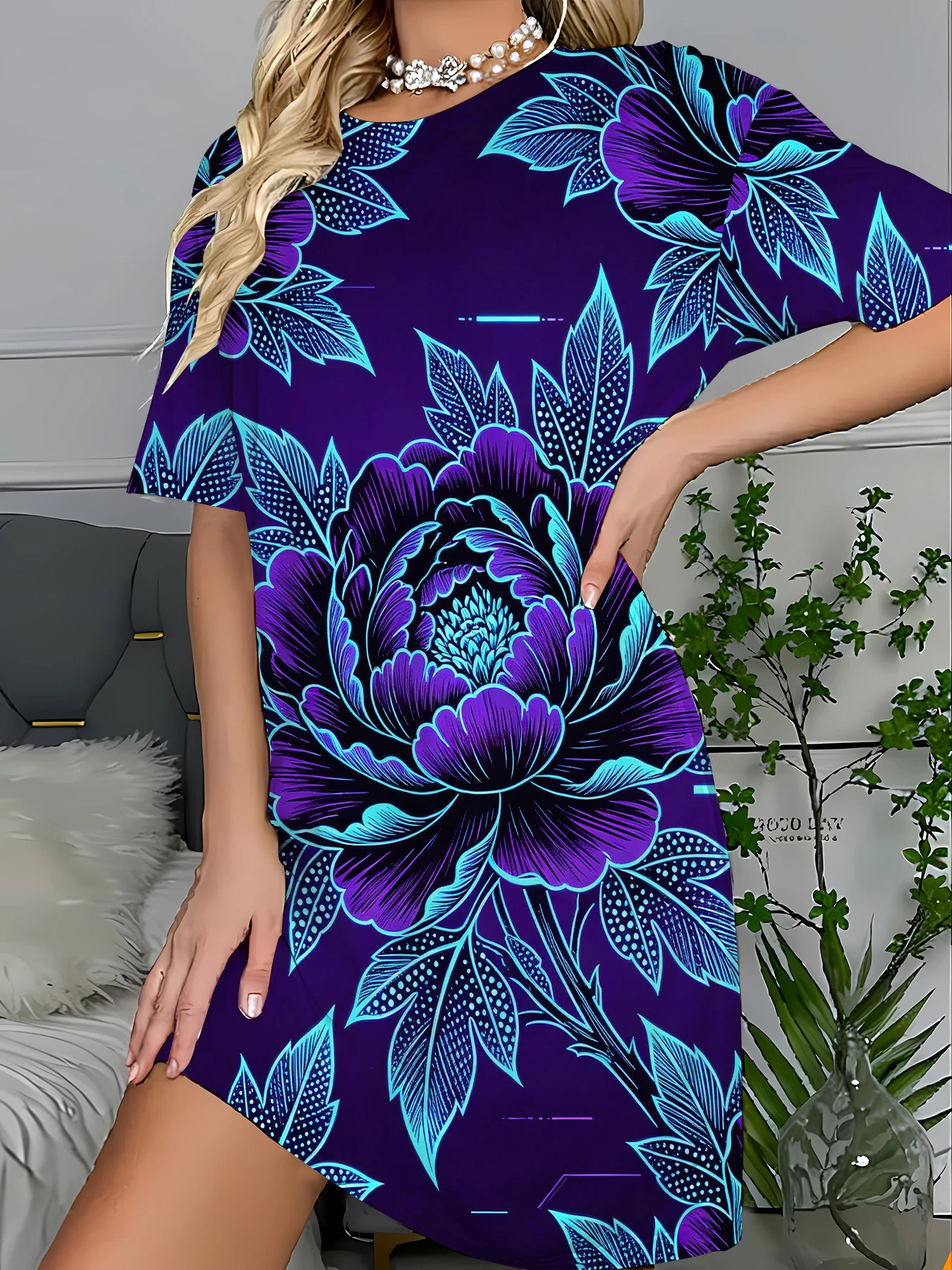 Boho Print Long Sleep T-Shirt Dress Women Vintage Knit Summer Nightgown