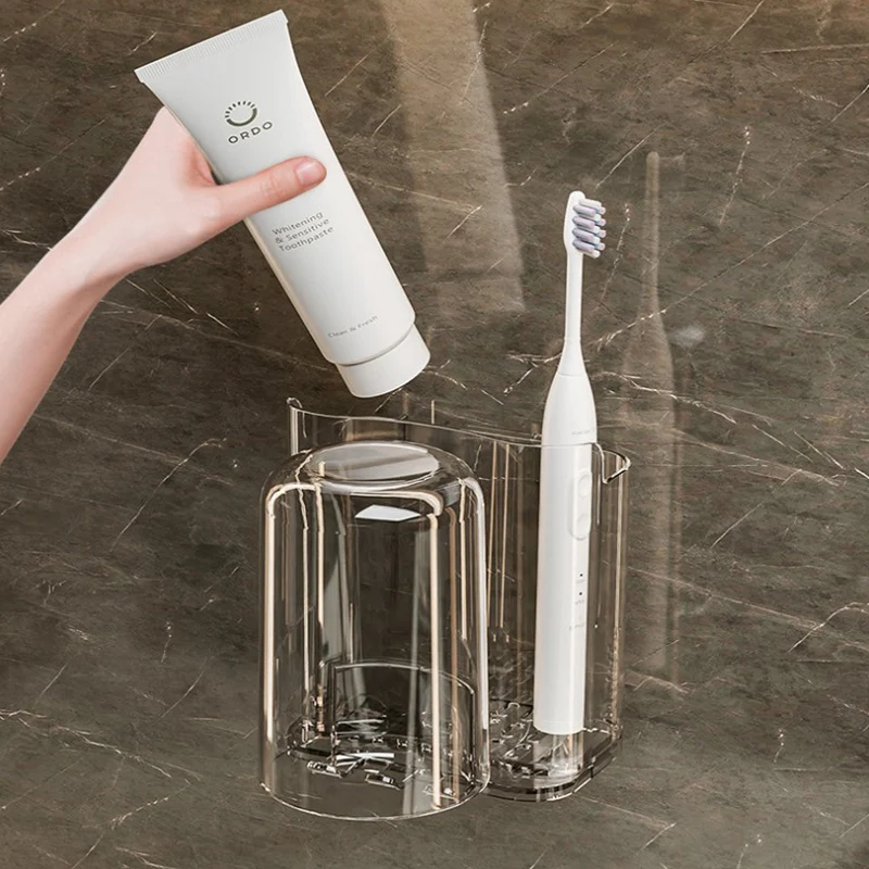 Wall Mounted Toothbrush Holder with Cup Punch Free Bathroom Toothpaste Organizer Transparent Drainage Tooth Mug Storage Rack