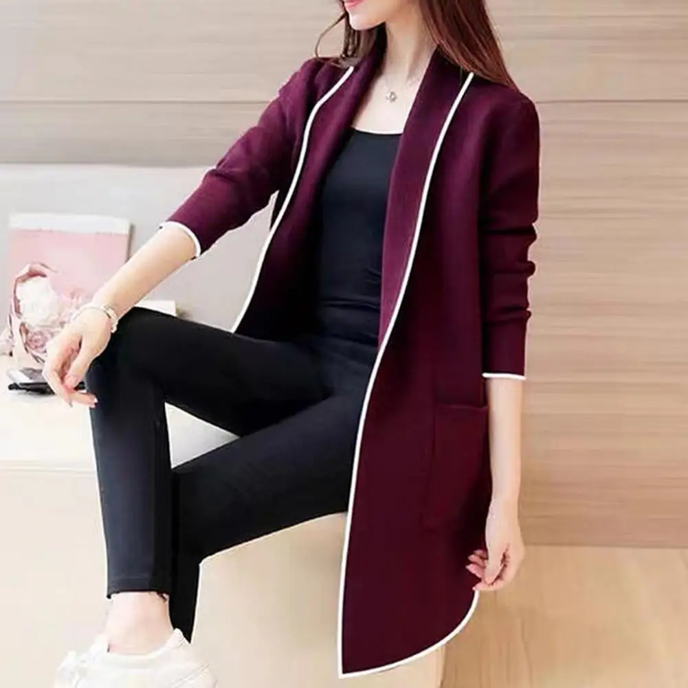 Women Thermal Jacket Stylish Women's Mid-length Open Stitch Cardigan Warm Coat with Loose Fit Lapel Collar for Fall/winter