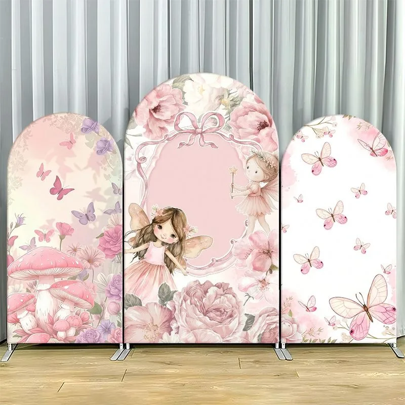 

Single Side Arch Backdrop Cover Elegant Pink Floral Fairy Theme Backdrop for Parties Featuring Delicate Roses Mushrooms