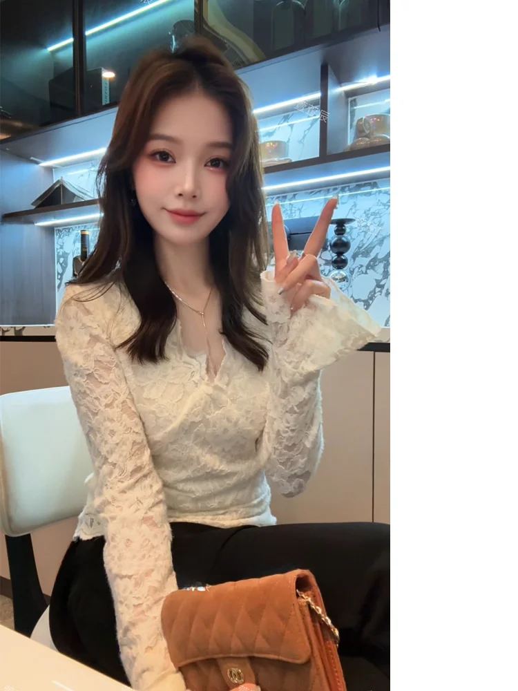 

Ele Lace Base irt Long Sve Женская модная осенняя хлопковая одежда с высоким воротником и v-образным вырезом, эластичная повседневная одежда