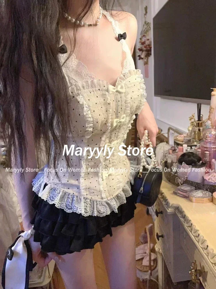 Giapponese Lolita 2 pezzi Set donna Kawaii fiocco pizzo Y2k Crop top carino volant pantaloncini elastici estate dolce moda gonne abiti