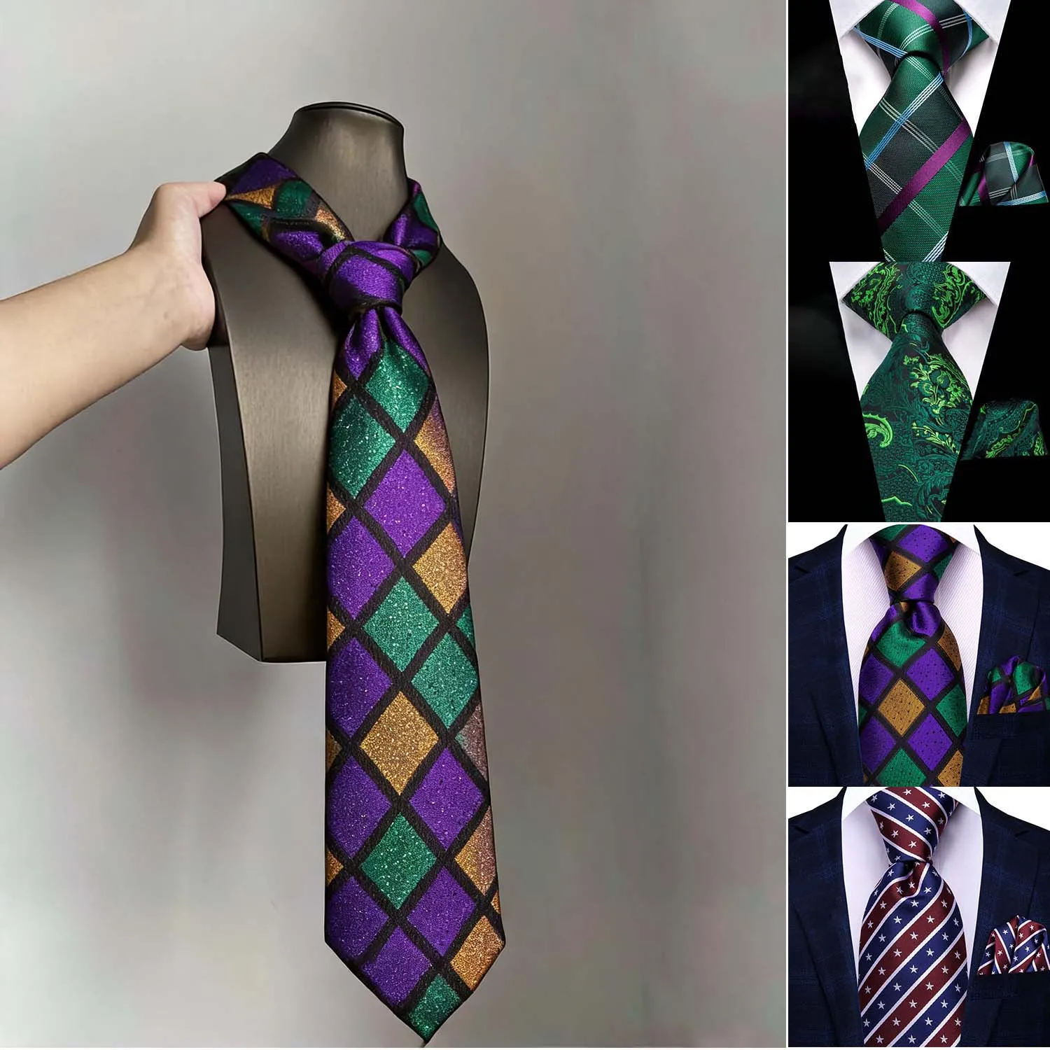 Colorful Classic Men Necktie & Pocket Square 2Pcs Set Formal Wedding silk Business Accessory