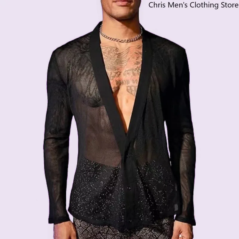 

Black Deep V-neck Long-sleeved Shirt for Parties Nightclubs, Men's Sexy See-through Mesh Shirt, Breathable Men's Clothing Top