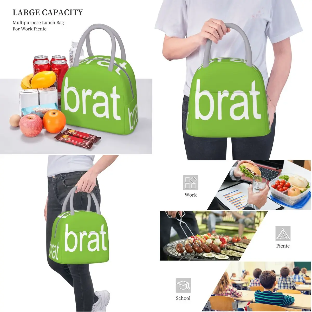 Brat Charli XCX Album 2024 Tour bolsa de almuerzo con aislamiento térmico para el trabajo, bolsa de comida portátil, contenedor, caja térmica para alimentos