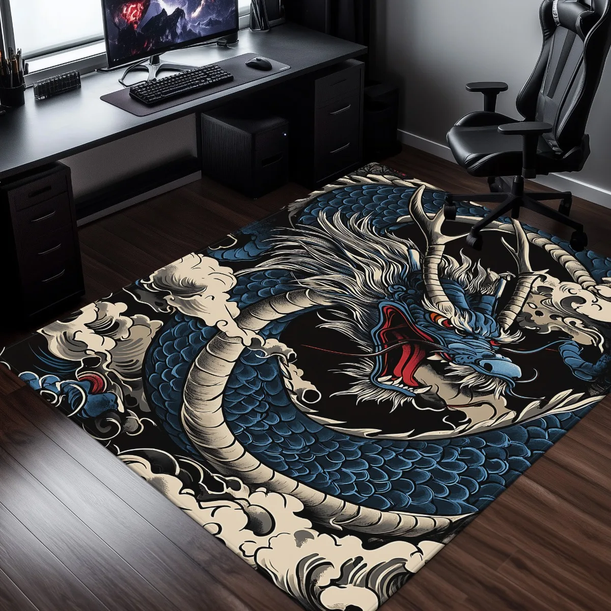 Blue Dragon Chinese Mythical Creature Crystal Velvet Rug Oriental Tattoo Art Living Room Floor Mat Asian Style Decor