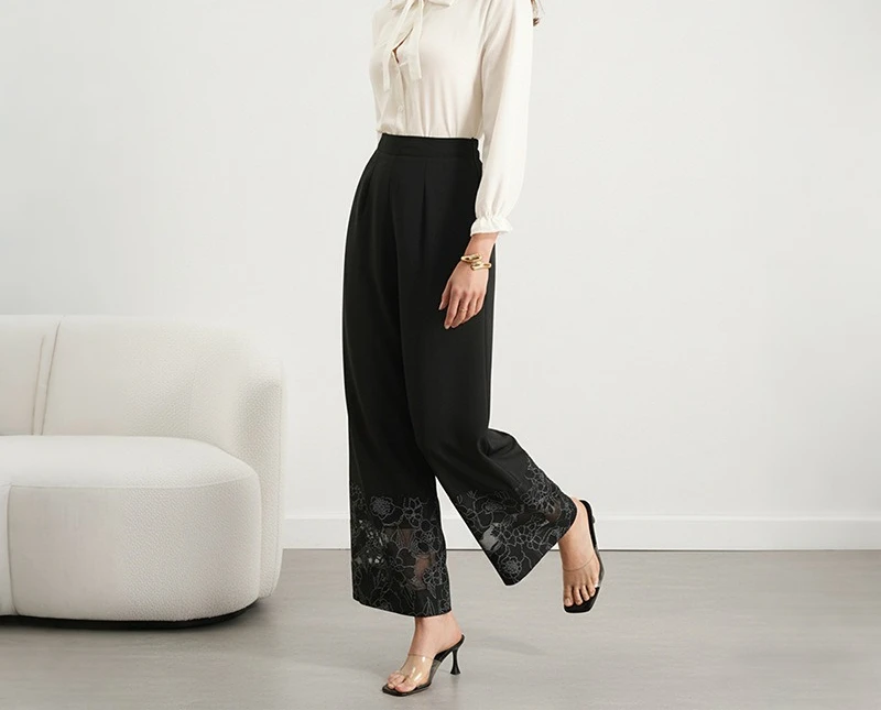 2026 Spring and Summer Hot Selling New Solid Color Perspective Lace Splicing Straight Pants for Women