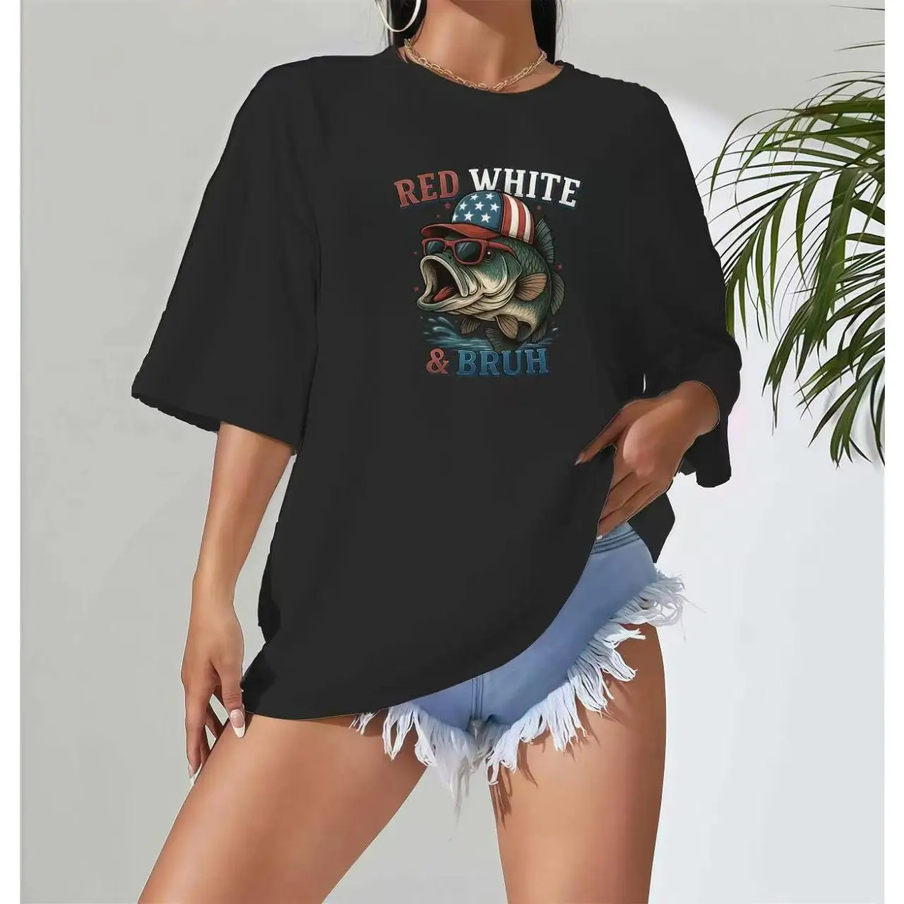 

Patriotic - Inspired T - Shirt: Fish Graphic with 'RED WHITE & BRUSH' for a Fun, Laid - Back Look