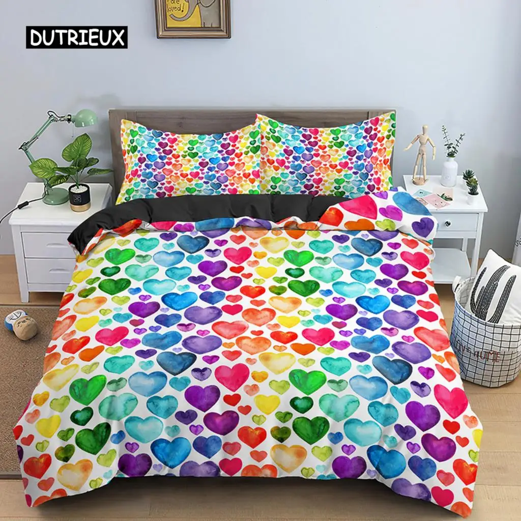 

Multicolor Duvet Cover Set Colorful Hearts Queen Size Bedding Set for Teen Microfiber Geometric Cartoon Love Heart Quilt Cover