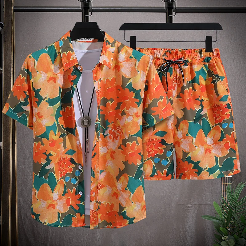 Conjunto de playa Hawaiano para hombre, camisa de manga corta y pantalones cortos de un solo pecho, informal, vacaciones de verano, viaje, traje