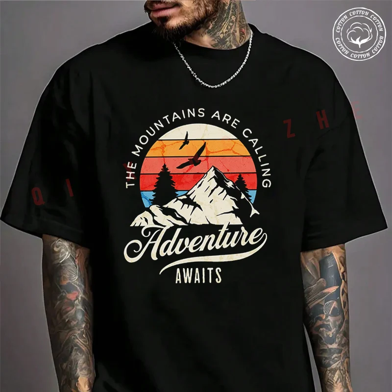

Moto Men's T-shirt Adventure Await - Wilderness Camping Cotton T Shirt Short Sleeve Exquisite Design Essential Top Tees