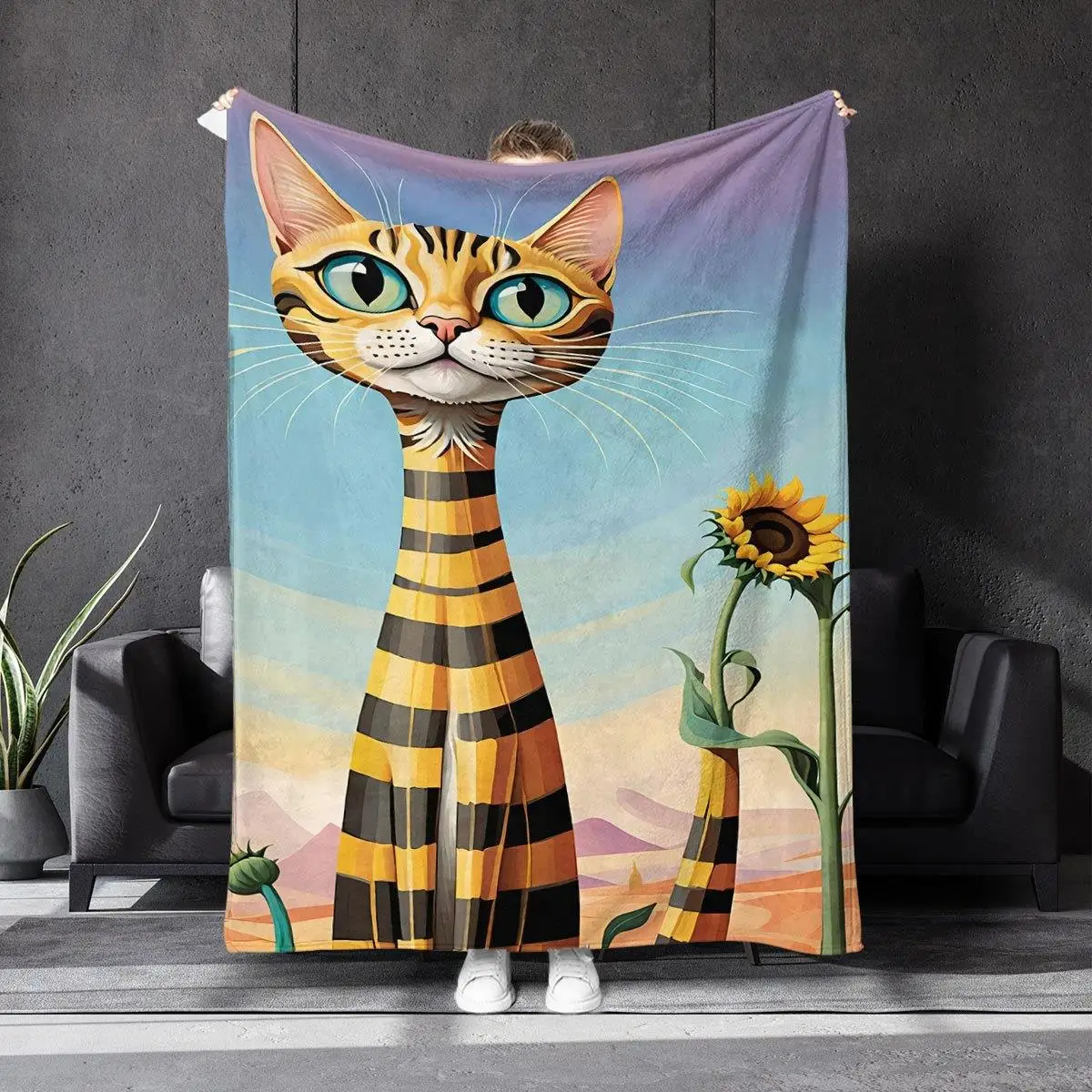 

Фланелевое одеяло с рисунком кота и подсолнечника, подходящее для всех сезонов, подходящее для гостиной, офиса, дивана и путешествий.