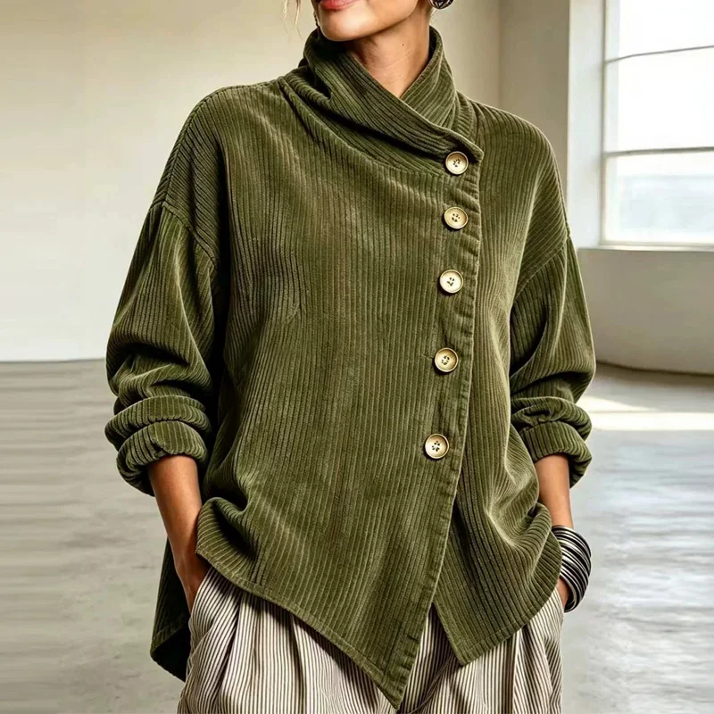 Corduroy Jacket for Women Wrap Cowl Neck Long Sleeve Loose Coat Diagonal Button Irregular Hem Fall Winter Fashion Corduroy Top