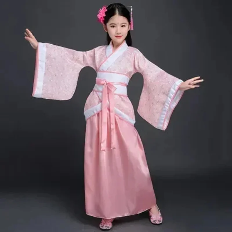 Chinese Zijden Gewaad Kostuum Meisjes Kinderen Kimono China Traditionele Vintage Etnische Fan Studenten Koor Danskostuum Hanfu