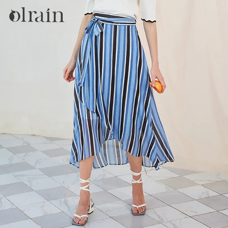 OLrain Chiffon Irregular Skirts Women Summer 2026 Vacation Fashion Blue Striped A-line Tied Elegant Lady Midi Skirt 9XQB20036