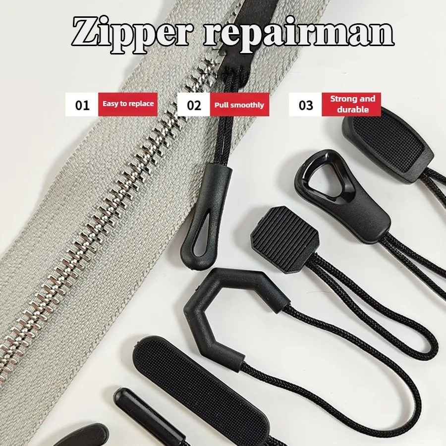 Kit de reparo de corda de tração com zíper preto, extremidades traseiras aleatórias para mochilas, roupas de bagagem, acessórios de correção instantânea com 10 peças