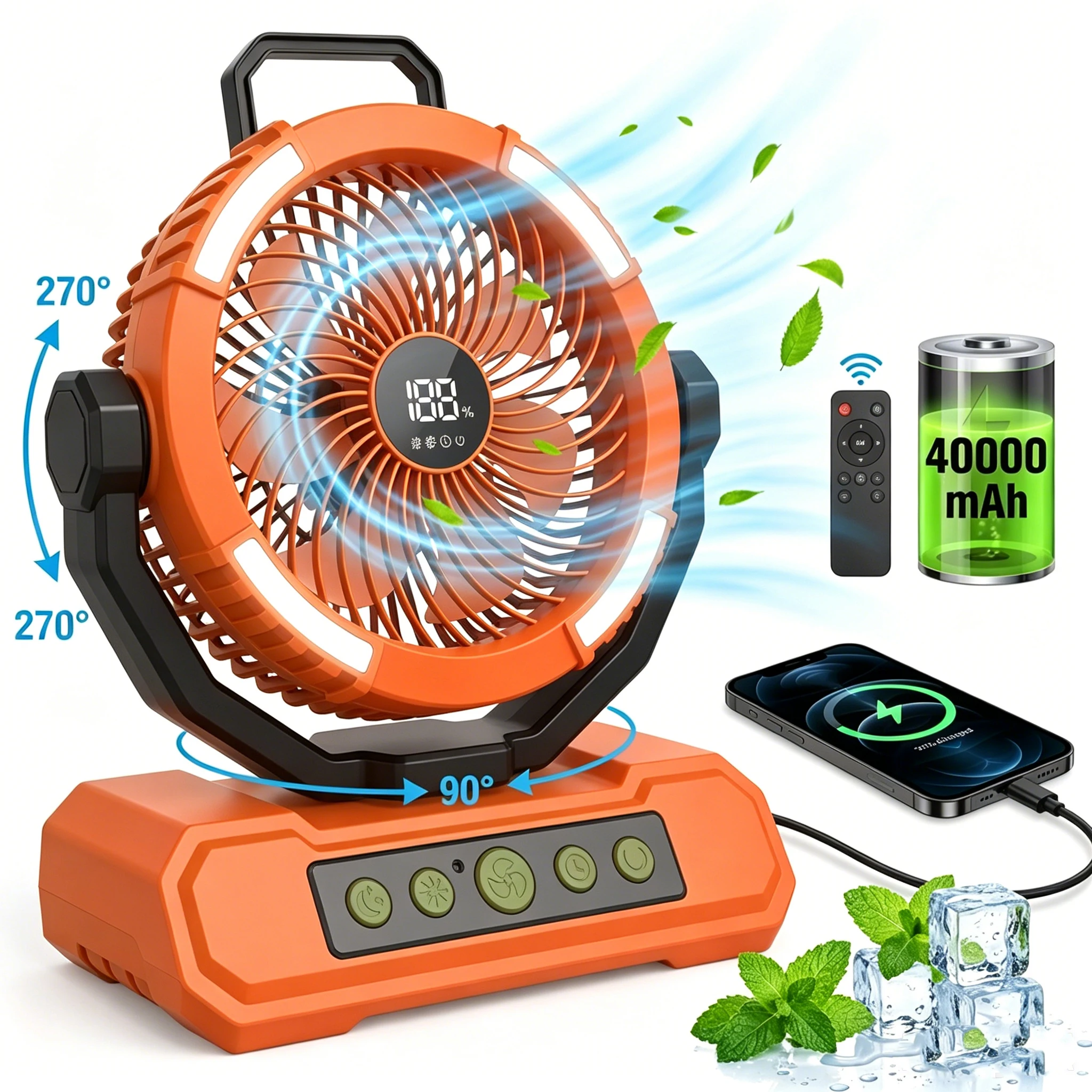 Gobortone 40000mAh Portable USB Ventilador Rechargeable Outdoor Camping Fan Power Bank with Light & Remote Four Wind Speed