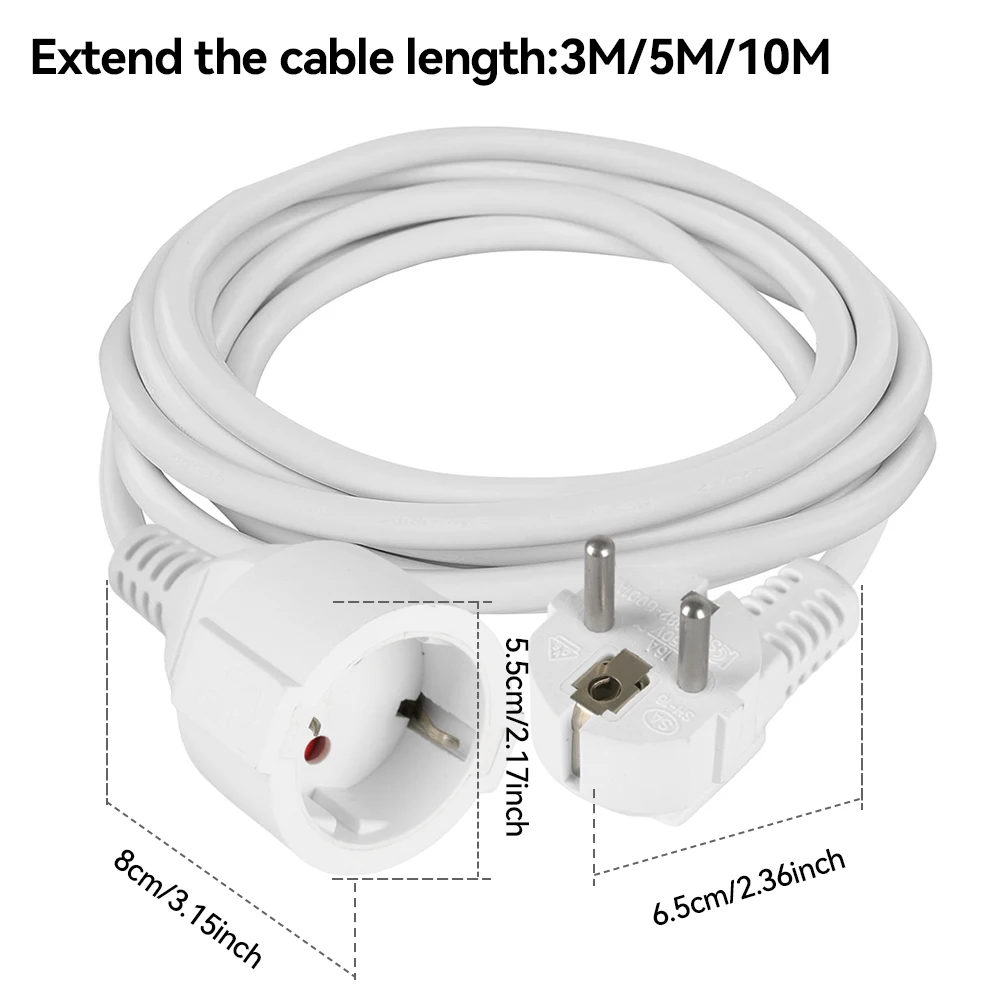 3680W EU Plug Extension Cord, Flat Head Protection Contact, 16A 250V 1 5mm² Cable, 3M 5M 10M Power Socket Line