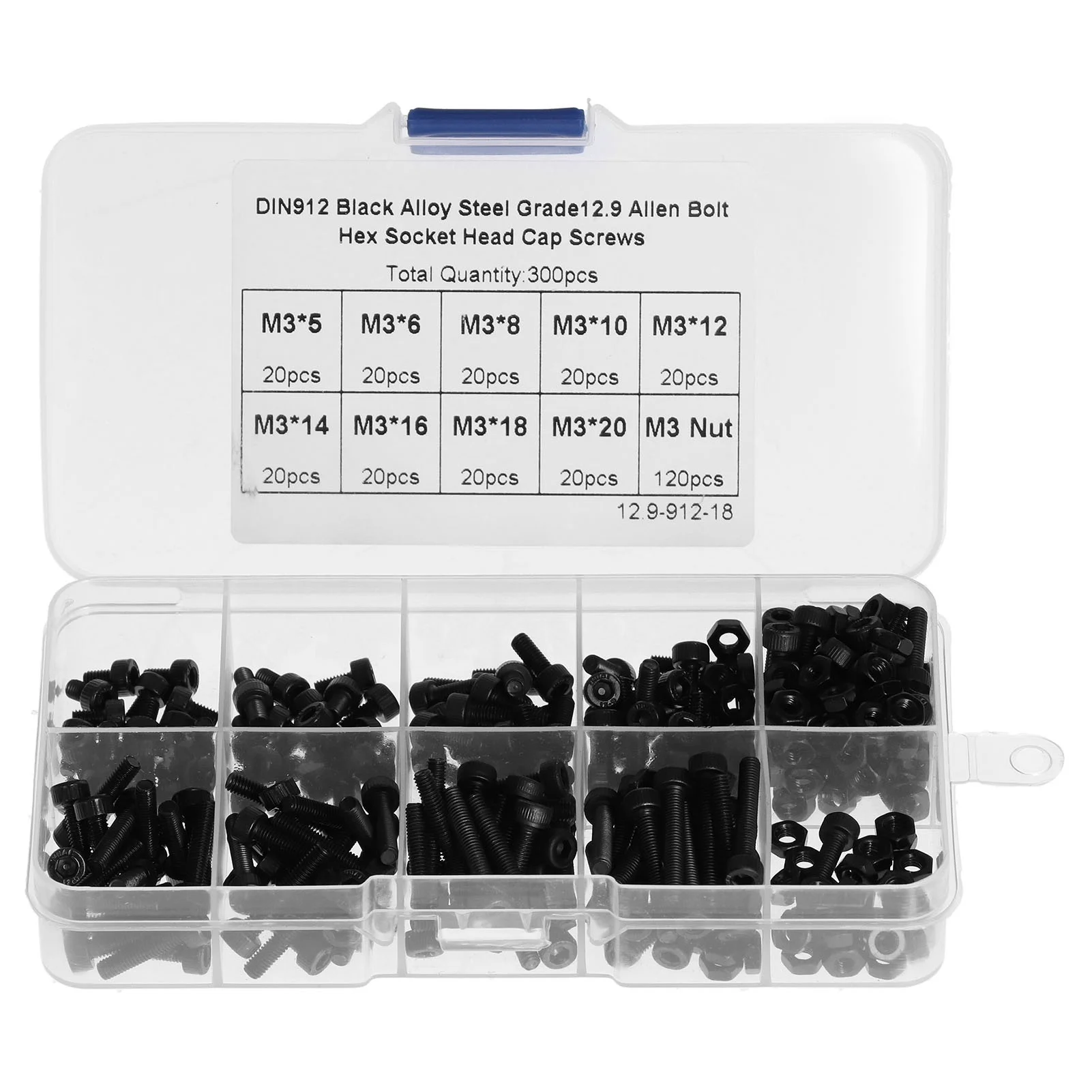 300Pcs Hex Screws Nuts Assortment M3 Socket Head Cap Bolts Kit Alloy Steel Fastener DIN912