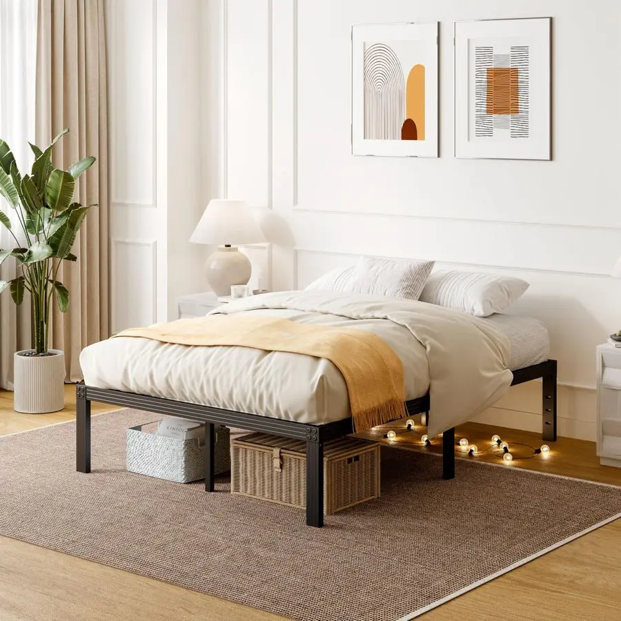 

Двуспальные кроватные рамы с прочными стальными ламелями, каркас кровати-платформы высотой 14 дюймов, нескользящая конструкция, не требует пружинного блока, простая сборка, Q