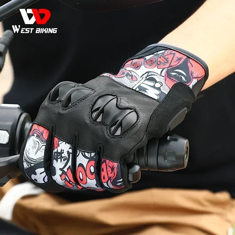 WEST BIKING Graffiti Motorcycle Gloves Anti Shock MTB Leather Gloves Full Finger Touch Screen Enduro Glove With Joint Protection