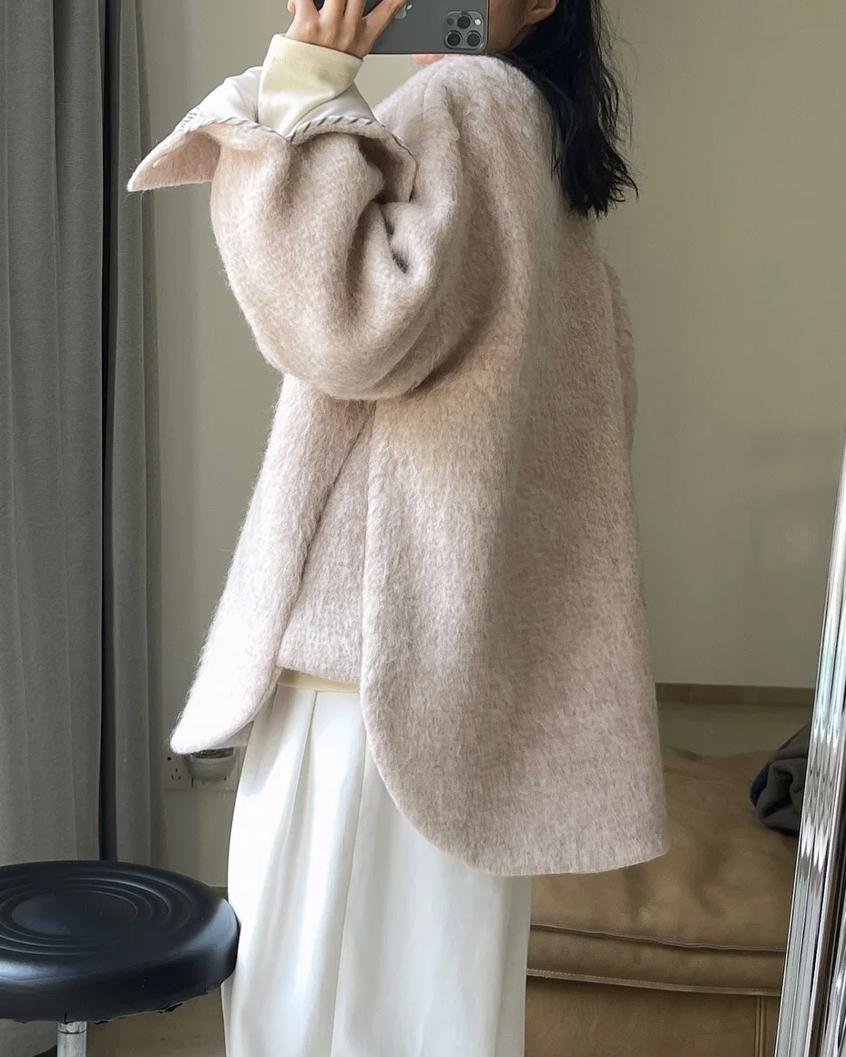 Winter Leisure and Lazy Long Wool Mohair Wool Coat Warm Solid Wool Coat For Women