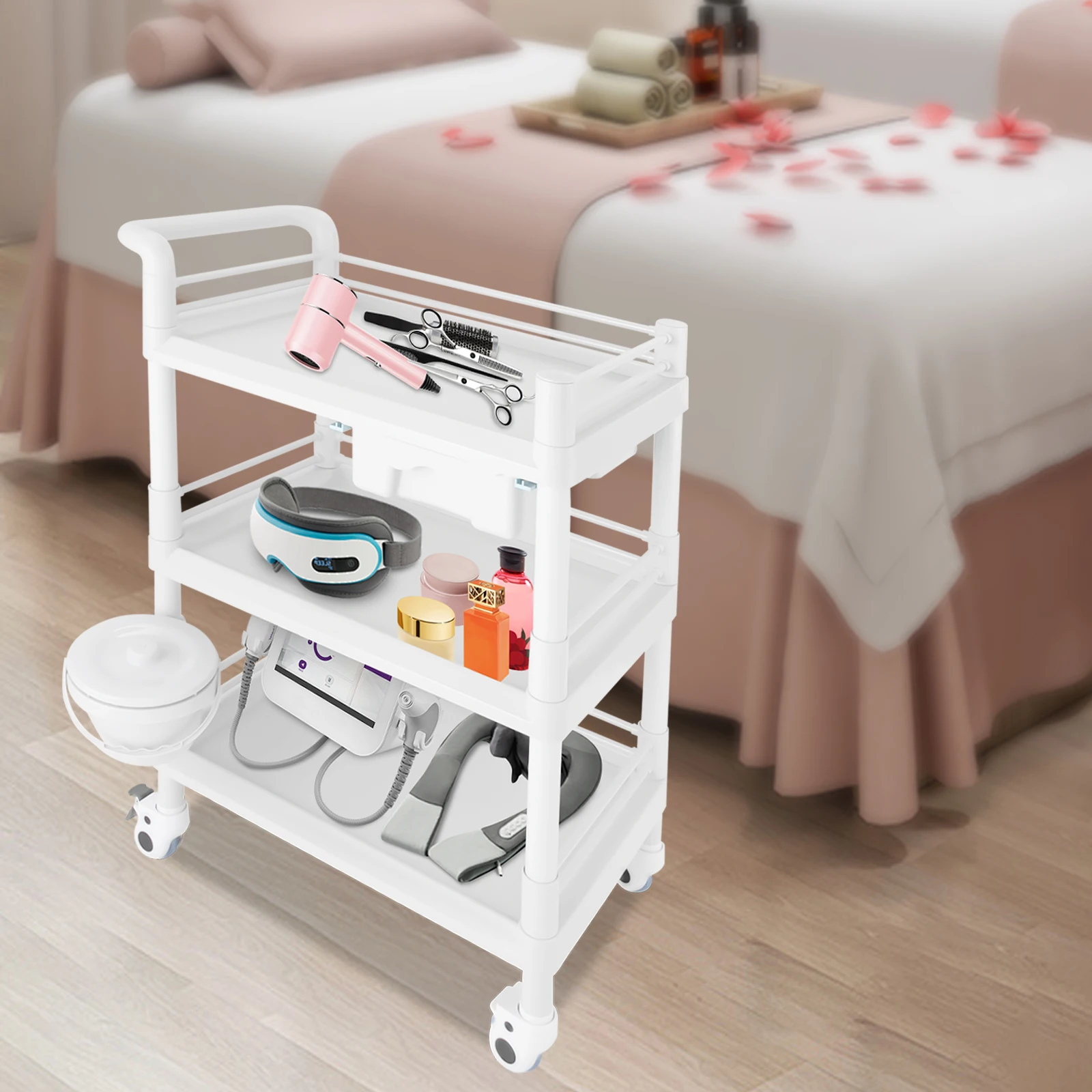 

3 Tiers Cosmetic Carts Salon Wheelcart Barber Storage Cart Rolling Tool Trolley with Wheels 80kg Capacity