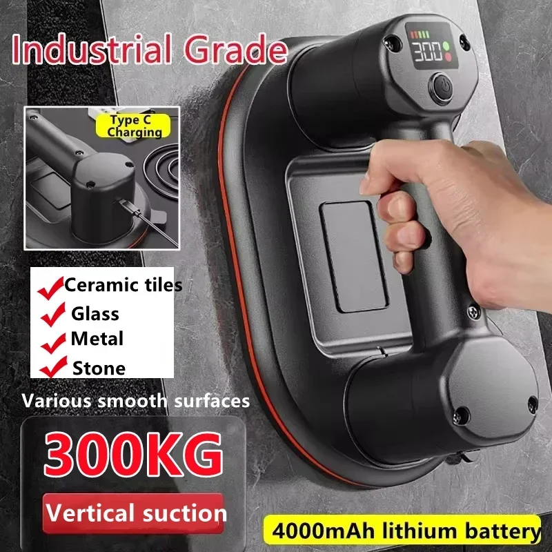 

Intelligent Display Industrial Grade Electric Vacuum Suction Cup 300KG Load Heavy Duty Granite Tile Glass Lifter 4000mAh Battery
