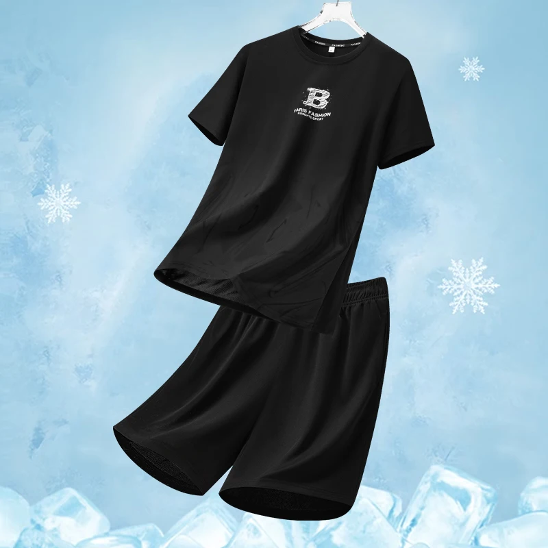 

Men's Casual Ice Silk Sets Letter Printed T Shirt Jogger Shorts Outdoor Jogging Sports Basketball Training Fitness 2 Piece Suit