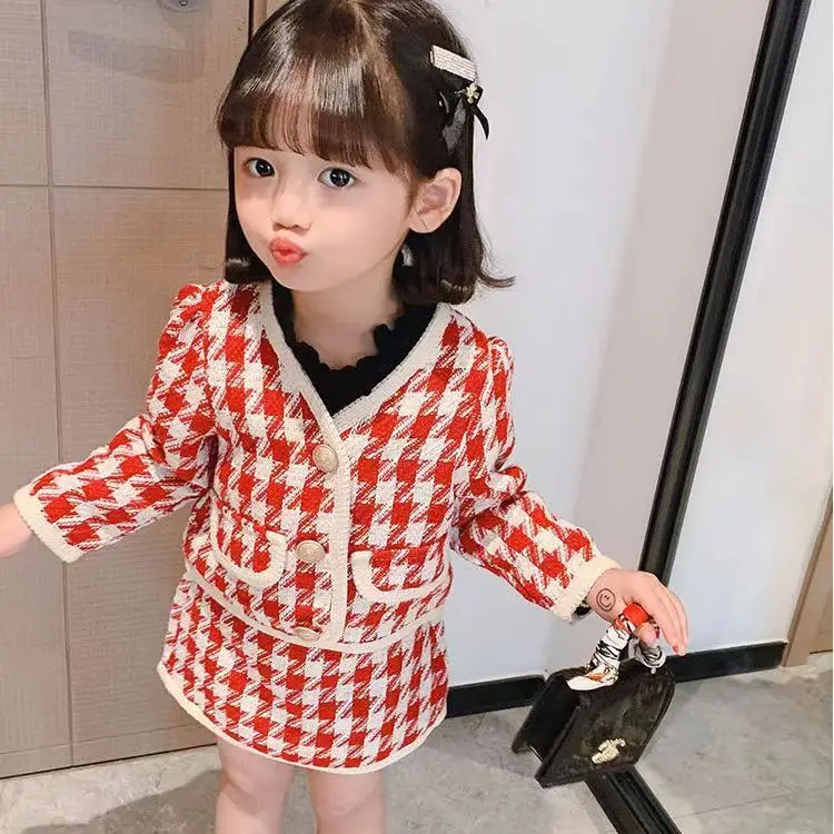 Fall Girls Sweaters Set autumn Winter Long-sleeved Plaid Top Skirt Two-piece Suit Baby clothes suit Toddler Girl dress set