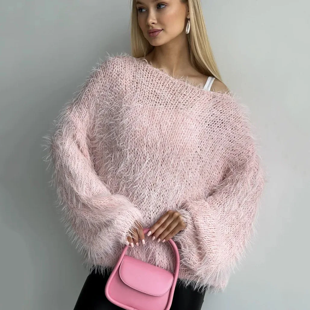 

Пуチистый Свитер Plush Top Long Sleeved Loose Oversized Knitted Sweater For Women