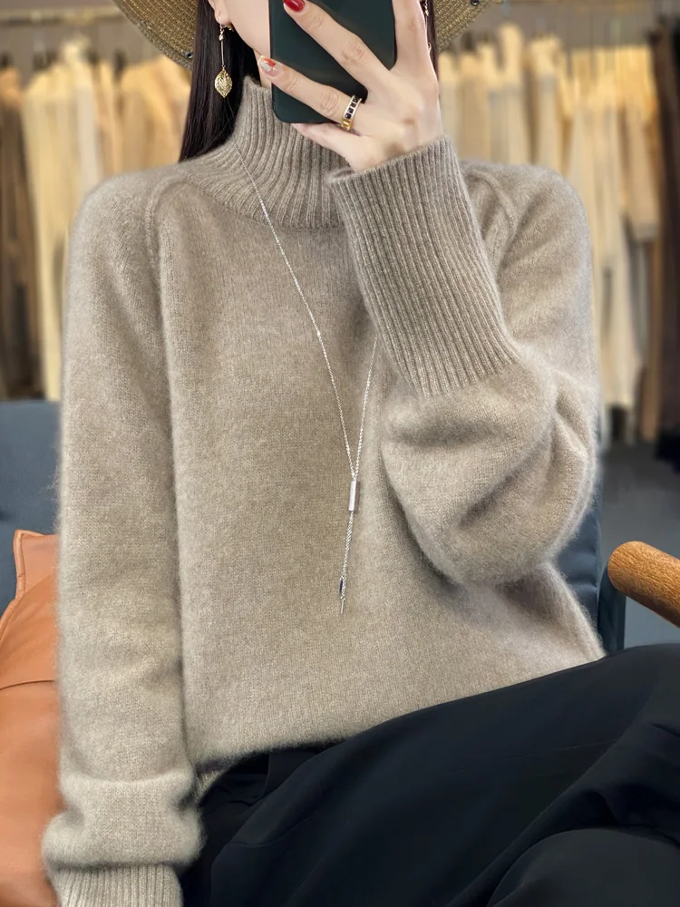 Women Cashmere Sweater 100% Merino Wool Knitted Pullover Autumn Winter Mock Neck Knitwear Female Soft Casual Fashion Warm Top