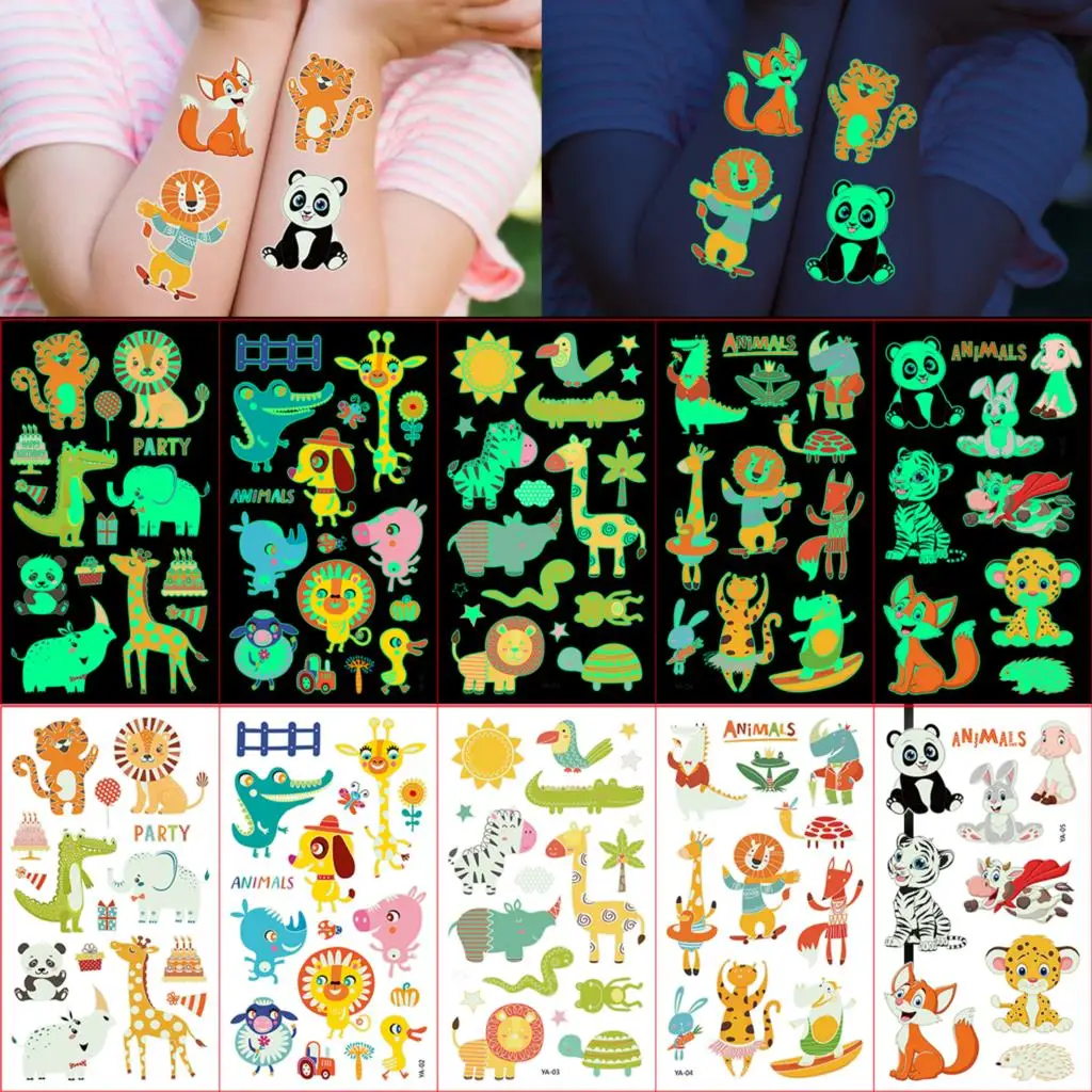 Glowing Dinosaur Temporary Tattoo Kids Boy Glow in the Dark Lion Whale Fake Tattoo Sticker Girl Arm Animal Tattoo 3D Waterproof