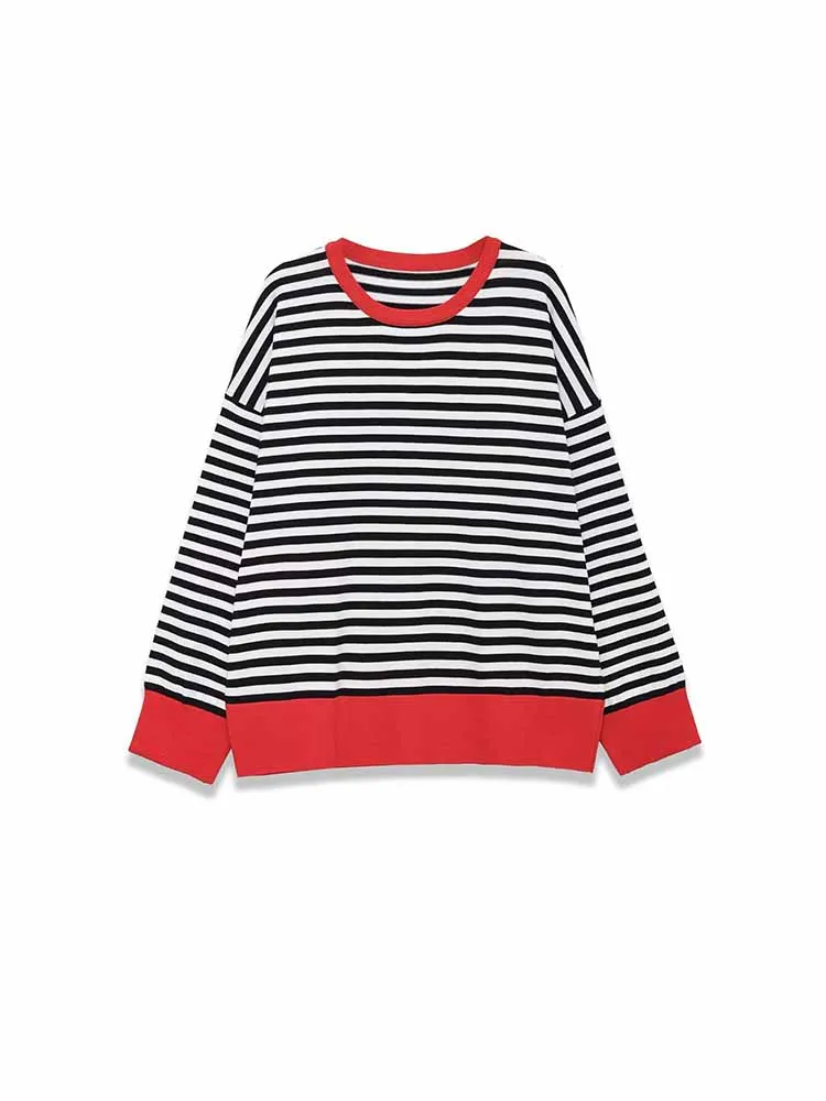 HH امرأة أوائل الربيع أزياء فضفاضة طويلة الأكمام جولة الرقبة مخطط الديكور قميص الإناث عارضة تنوعا الشارع نمط قمم