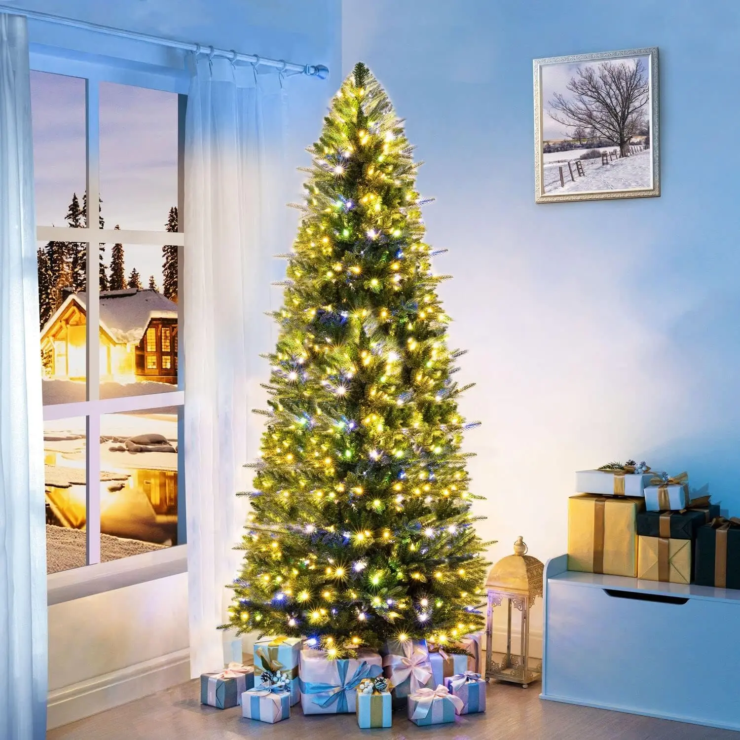 

7.5ft Realistic Fir Christmas Tree with Colored Lights with Controller, 2258 Branch Tips, 700 Colorful Lights and Metal Stand