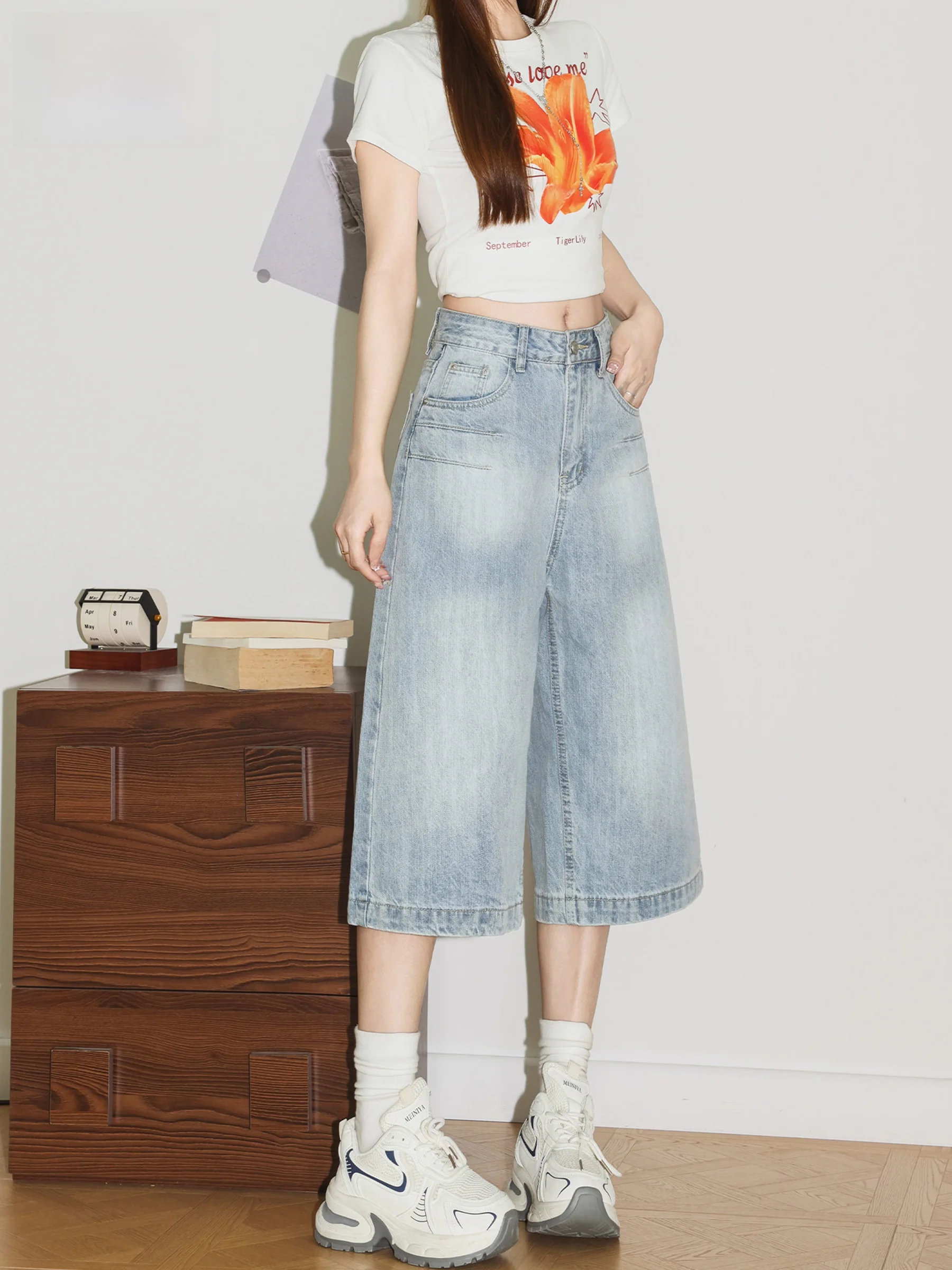 

Loose Straight Leg American Retro Blue Jeans Women's Seven-Foot Pants Summer New Style High Waist Casual Cotton Denim
