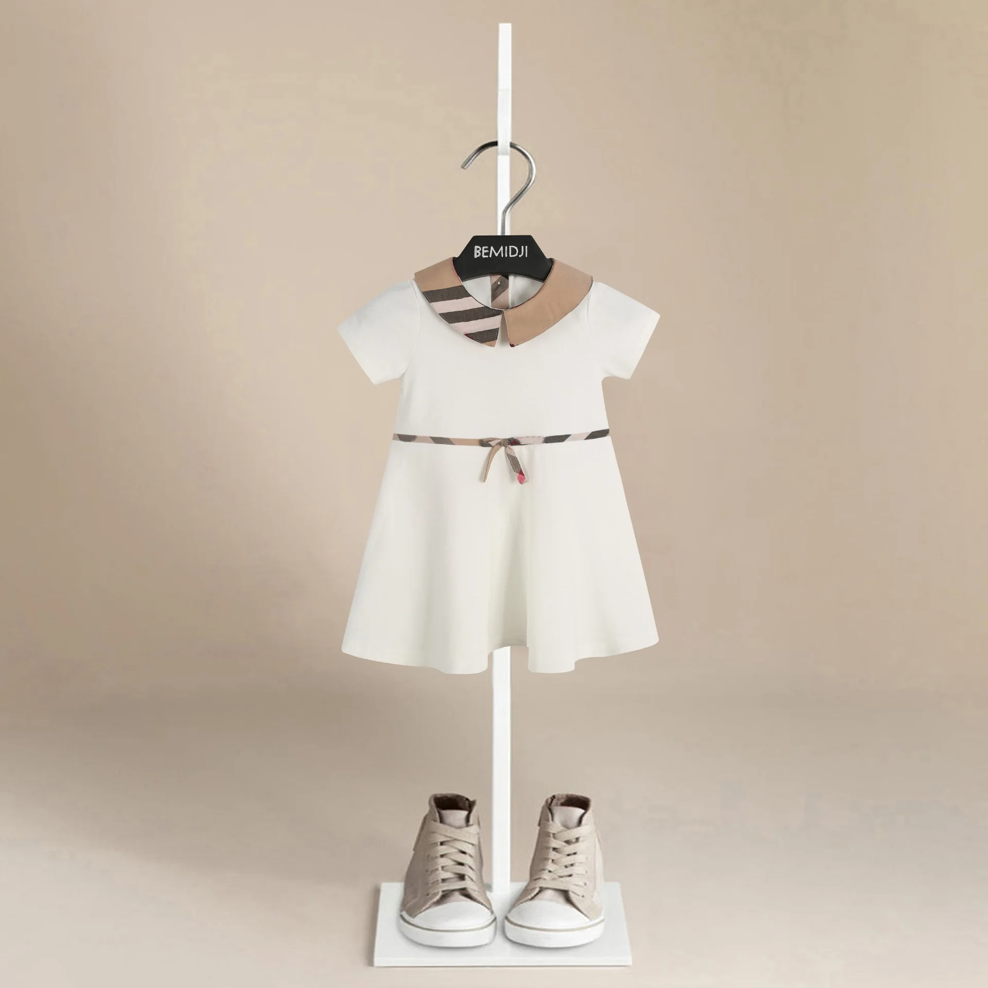 

Baby Girls Summer White Dress Short Sleeved Turn Down Bow Belt Collar Cotton Clothes for Girls Aged 2-6 Years Kids Dresses