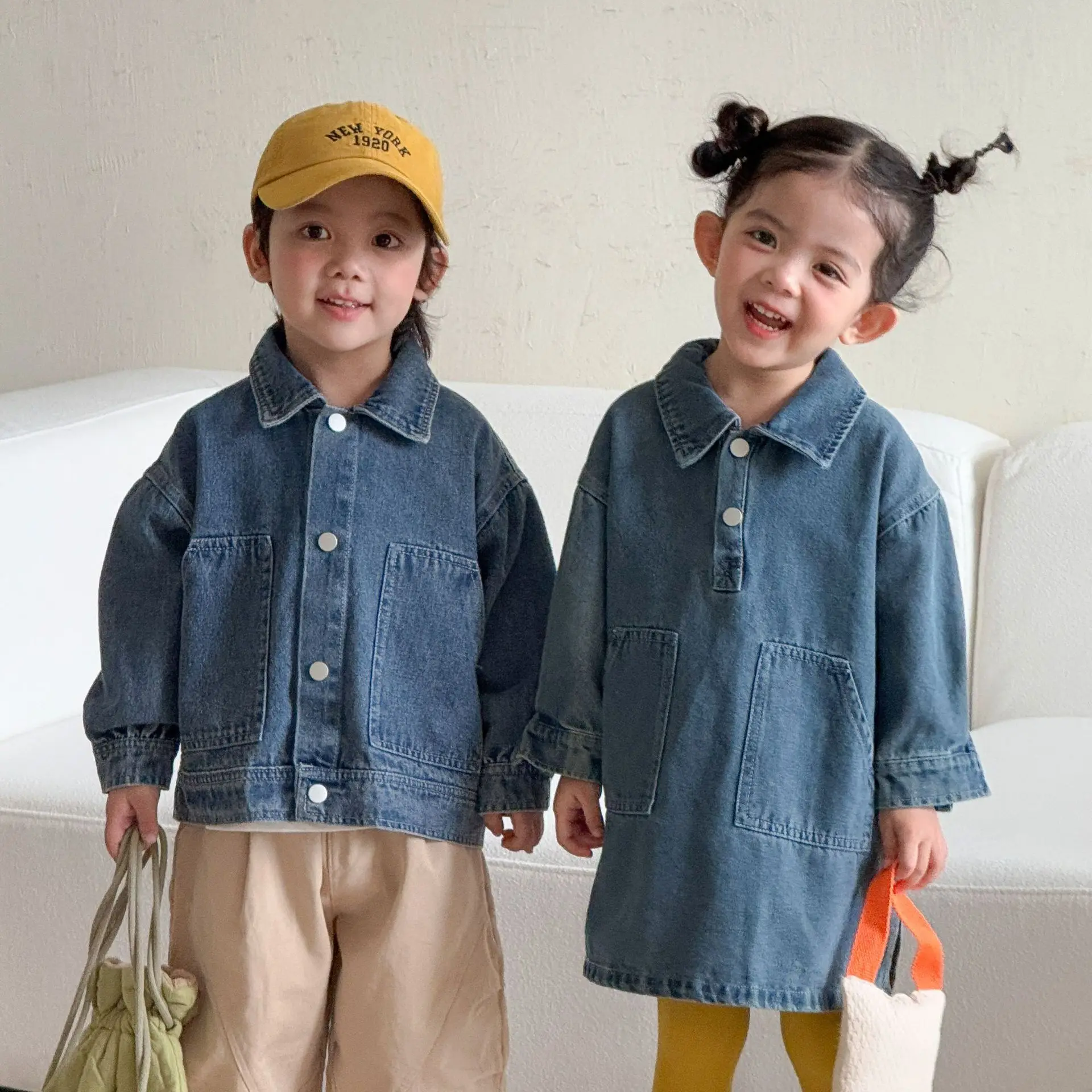 2026 Autumn New Girls Long Sleeve Denim Dress Children Clothes Boys Lapel Jacket Casual Coat Kids Brother Sister Clothing