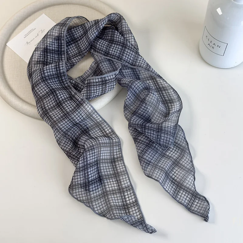 [YU]Vintage Blue Checkered Narrow Scarf Women's Elegant Thin Neckerchief