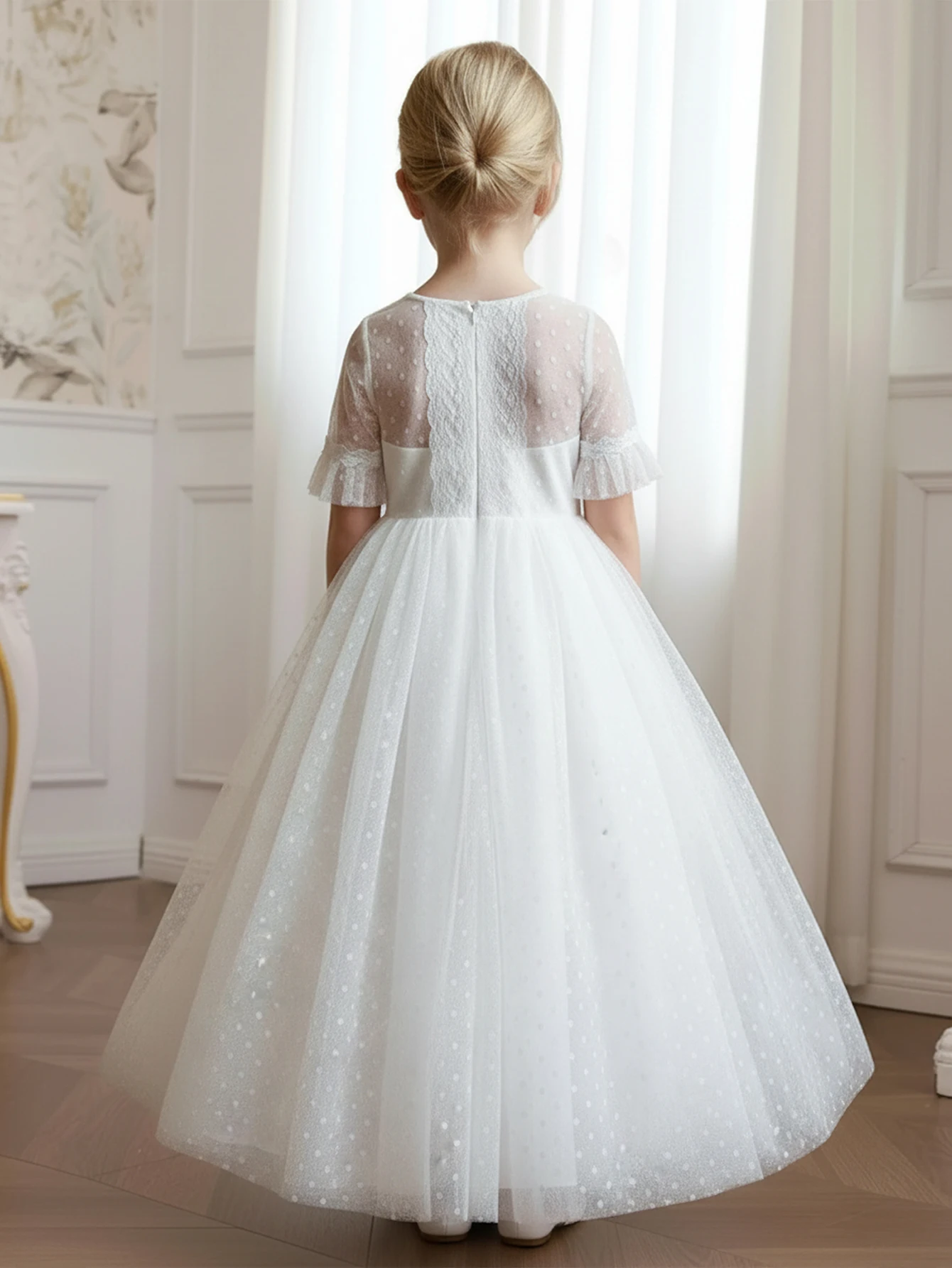 Girls' Elegant Polka Dot Tulle Princess Dress - Half-Sleeve Lace Formal Gown for Flower Girl Wedding & Birthday Party