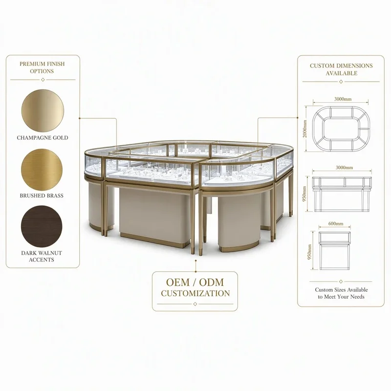 custom.OEM ODM Commercial Metal Wood Jewelry Center Cabinet, Tempered Glass LED Lighting Custom Size Fixture