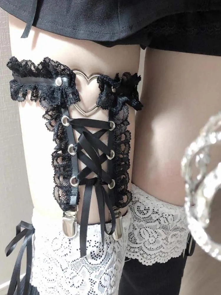 New Handmade Lace Leg Ring Garter Belt Lolita Accessory Japanese Gothic Ribbon Buckle Lace Heart Shaped Leg Decoration Y2K