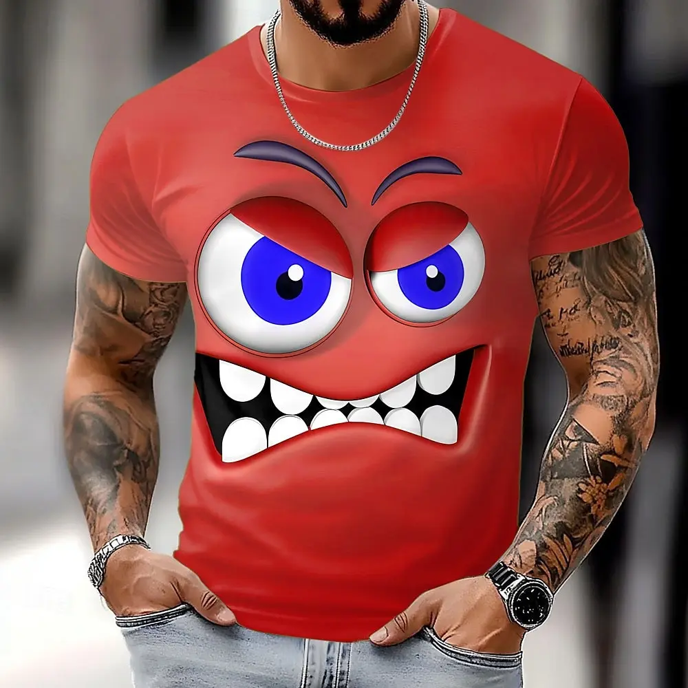 Men's casual short sleeve t-shirt with unique expression print - breathable polyester, crew neck, perfect for summer outings