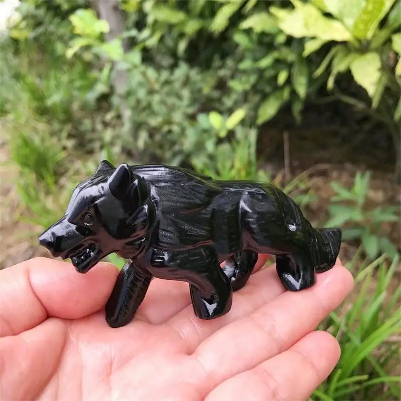 10CM Natural Black Obsidian Wolf Crystal Animal Carving Crafts Powerful Animal Decorative Ornaments Birthday Present 1pcs